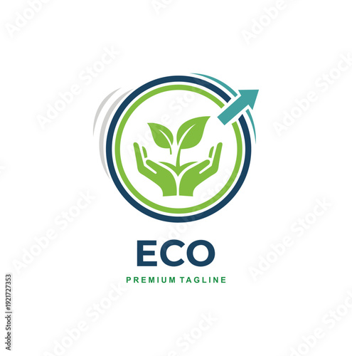 Green ecology logo with hands protecting leaves and arrow circle.
