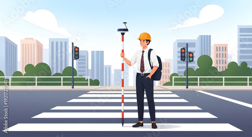 Engineer Holding Surveying Pole on Urban Zebra Crossing, A flat vector illustration of a male surveyor engineer in a tie and hard hat, holding a surveying pole with a GPS receiver, GNSS Pole