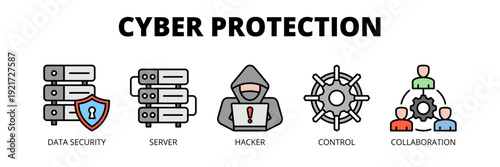 Cyber Protection web banner icon vector illustration concept for enterprise cybersecurity with icons of data security, server, hacker prevention, system control and collaboration.