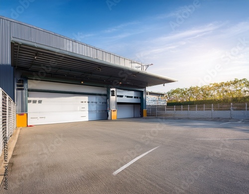large car workshop garage overlooking race track with open garage door