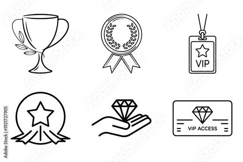 Outline icons representing various concepts of success, achievement, and exclusive VIP access are presented on a clean white background.