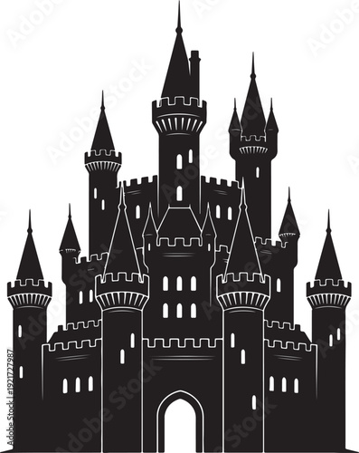 Black silhouette medieval castle with white outlines and multiple towers on white background also transparent background