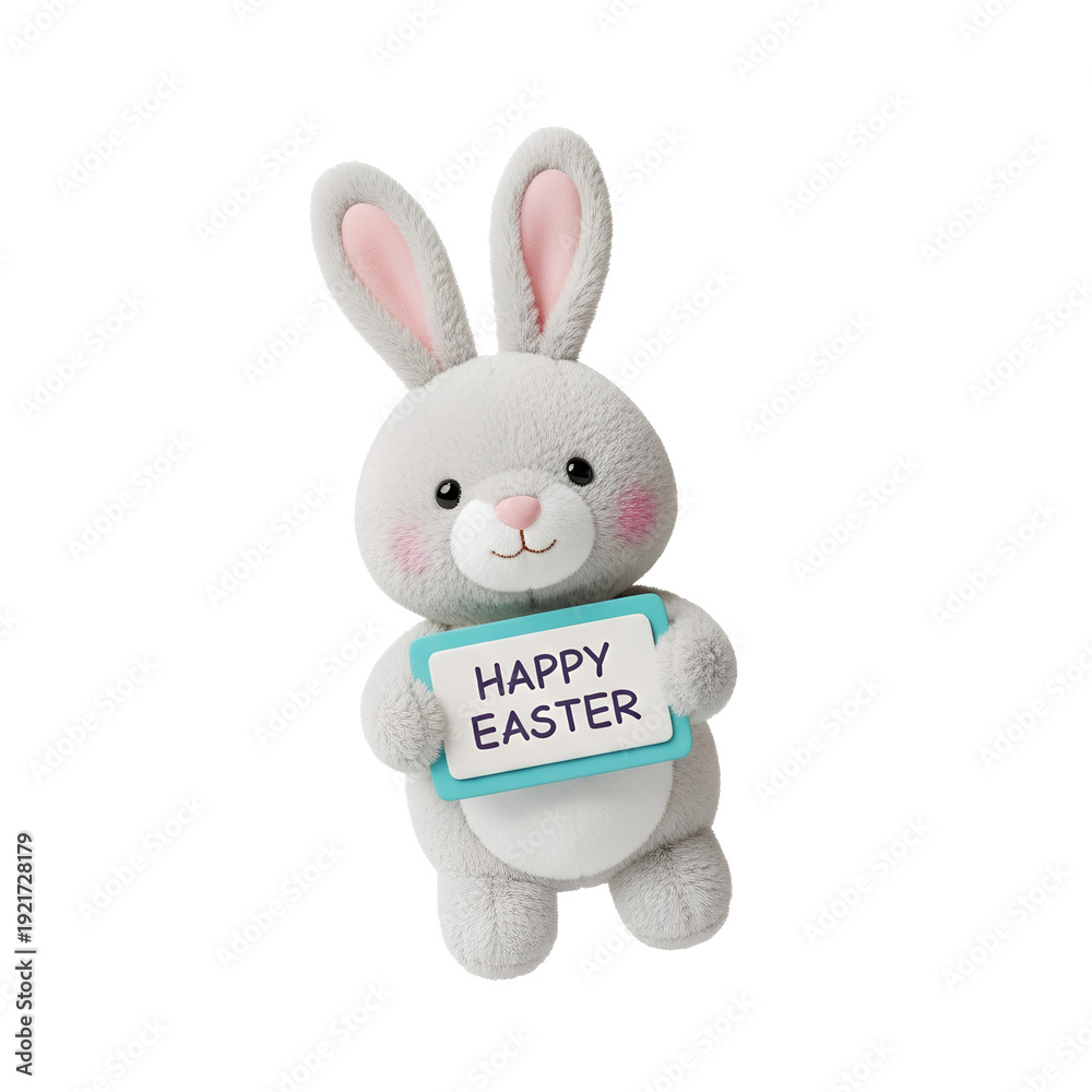 Obraz premium Happy Easter Bunny PNG. Cute grey plush rabbit character holding a blue text greeting sign isolated. Joyful spring holiday celebration festive seasonal decoration and cheerful animal mascot design
