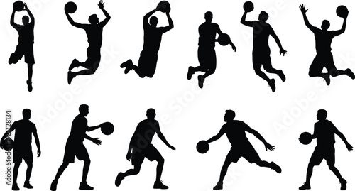 Basketball players silhouettes in dynamic poses dribbling, dunking, passing, and jumping with ball, vector illustration showcasing athletic motion and sports action