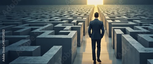Businessman navigates a vast maze as camera slowly tracks forward, capturing his decisive stride in a cinematic scene, with ambient shadows shifting across the intricate labyrinth.