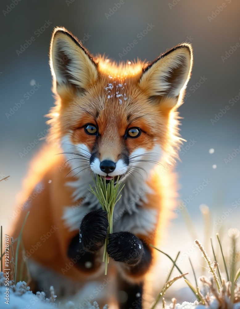 Fototapeta premium Close-up of a young red fox eating green grass in winter snow. Fox has bright eyes and fur. Sunlight hits its head. Wildlife scene with cute animal.