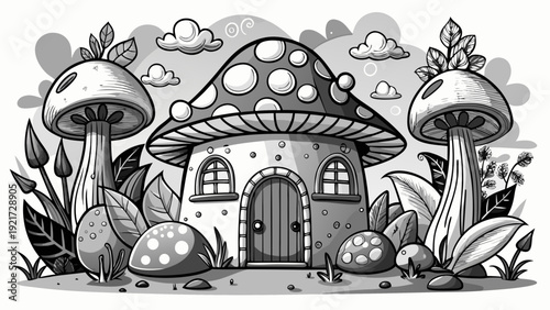 Very beautiful whimsical mushroom house illustration in black and white line art, evoking fairy tale imagination and enchanting woodland architecture charm.