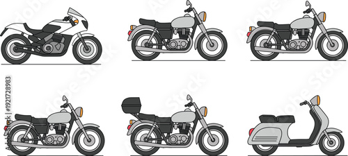 Motorcycle and scooter side view vector set with sport bike classic motorbike and delivery scooter illustration isolated collection