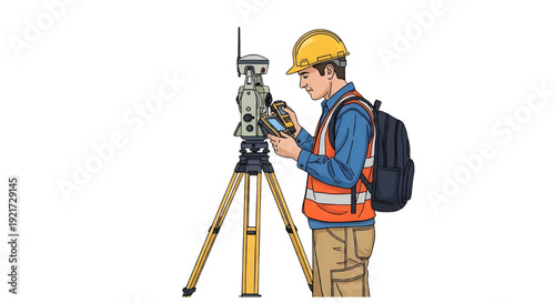 Surveyor Engineer Total Station Tripod Isolated Illustration, GNSS Pole,  A vector illustration of a male surveyor wearing a hard hat and safety vest, operating a total station surveying instrument