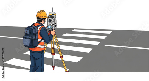 Land Surveyor Measuring with Total Station on Road Crosswalk, A vector illustration of a land surveyor from behind, wearing safety gear, a backpack, using a total station optical instrument, GNSS Pole