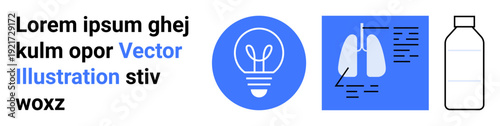 Healthcare, education, innovation, communication, science, visual aids. Graphics include a lightbulb, lungs with data overlay and a bottle. Healthcare and innovation concept visualization