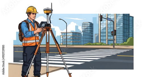 Surveyor using GNSS Receiver Equipment in Urban City Street, A vector illustration of a male surveyor wearing a hard hat and safety vest, operating a GNSS satellite receiver mounted on a tripod