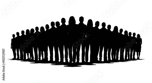 A large group of silhouetted people are gathered closely together in a circular formation high quality