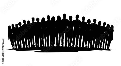 A large group of silhouetted people are arranged in a semi circular formation resembling a wave