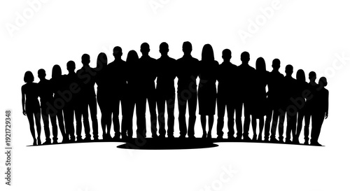 A large group of silhouetted figures standing closely together forming a collective shape high quality professional