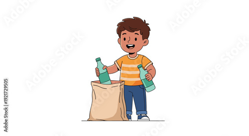 Young boy putting glass bottles into a sack for recycling
