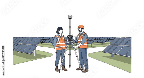 Team of Surveyors using GPS Total Station in Solar Field, 