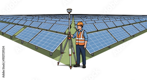 Surveyor Measuring Large Solar Power Plant with Total Station, GNSS Pole, A wide-angle vector illustration showing a surveyor using a total station instrument on a tripod to measure a vast solar, 