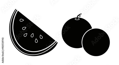 Black and white illustration featuring a slice of watermelon and two citrus fruits high quality professional