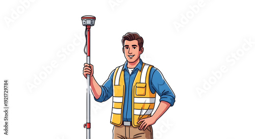 Surveyor holding GNSS rover pole vector illustration isolated,  Smiling male land surveyor wearing a safety vest, holding a GNSS rover pole against a plain white background