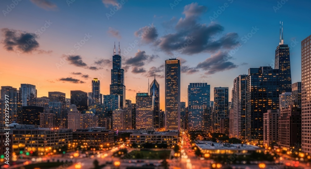 Obraz premium Chicago skyline at sunset with the Willis Tower and other skyscrapers illuminated.