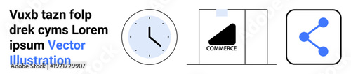 Time tracking, online shopping, digital marketing, ecommerce, collaboration, social sharing. Clock, commerce label and share icon on white background. Time tracking and online shopping concept
