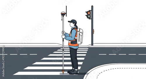 Female surveyor working at urban crosswalk with GNSS pole,  A flat vector illustration of a female surveyor wearing a backpack and holding a GNSS pole, standing at a city crosswalk in profile view