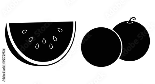 A simple black and white illustration depicting a watermelon slice and two oranges high quality professional detailed modern