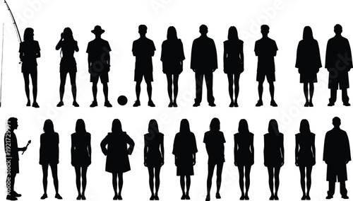 Large Collection of People Silhouettes in Casual and Professional Outfits Isolated on White Background for Lifestyle and Occupation Concepts