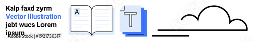 Digital content, typography, publishing, online storage, cloud services, design. Open book, text document icons and cloud illustration. Typography and digital content concept