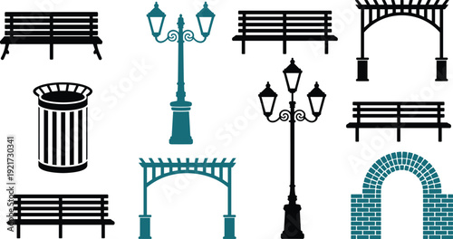 Park furniture and street lamp icon set, benches trash can pergola arches, urban garden vector collection isolated on white