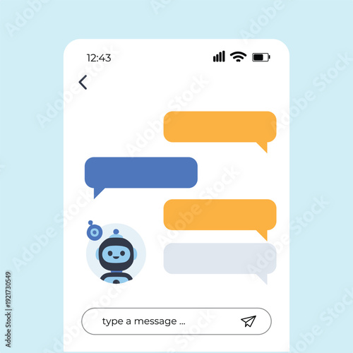 WebClean flat vector illustration of a mobile smartphone screen displaying an AI chatbot conversation interface. The design features chat bubbles, a virtual assistant robot icon, and a modern messagin