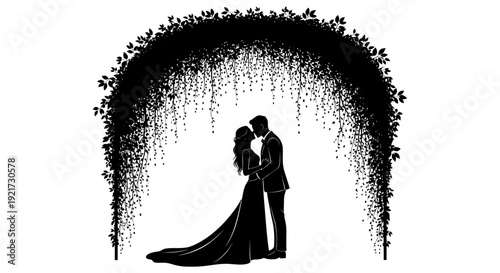 A silhouetted couple embraces lovingly beneath a floral archway suggesting a wedding or romantic event