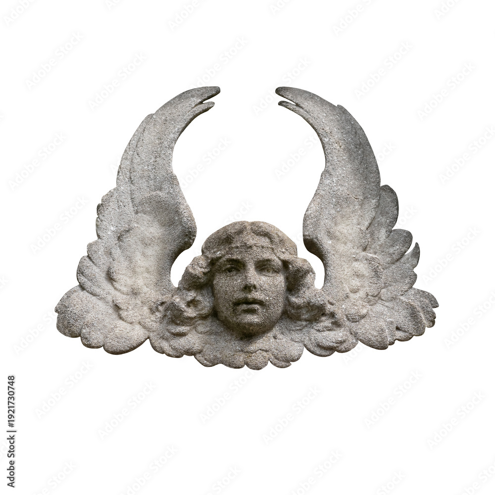 Naklejka premium Face and wings of a cherub from a stone bas-relief. Isolated on a white background