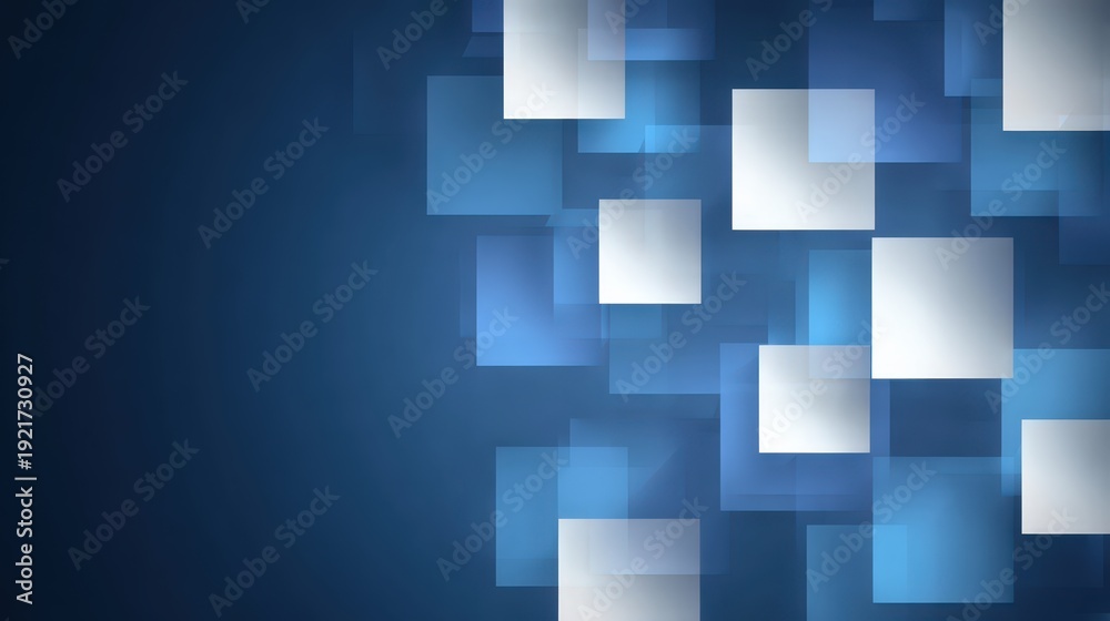 Fototapeta premium Geometric Composition: An abstract arrangement of blue and gray squares on a gradient backdrop, creating a sense of depth and modernity, ideal for digital design and tech-related projects.
