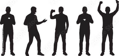 Five black silhouettes of men in various poses on white background also transparent background 1