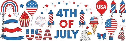 Fourth of july patriotic clipart collection with usa text eagle hot air balloon fireworks rockets and celebration icons