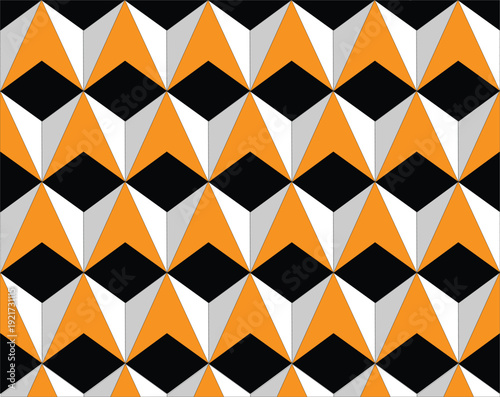Seamless abstract geometric pattern in black and white with yellow diamond shapes and vintage triangle tiles for a retro vector wallpaper texture or fabric textile design