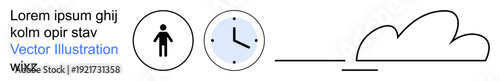 Time management, cloud storage, human interaction, data synchronization, work-life balance, digital transformation. Person icon, clock and cloud connected in abstract design. Time management