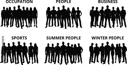 Set of Grouped People Silhouettes for Occupation, Business, Sports, Summer and Winter Concepts Isolated on White Background