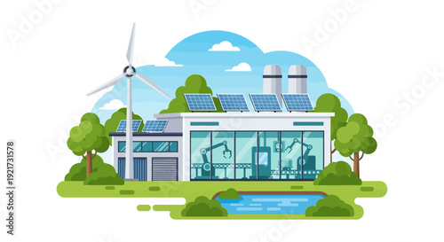Sustainable Smart Factory Illustration: Green Industrial Building with Solar Panels, Wind Turbine, and Robotic Automation for Eco-Friendly Production.