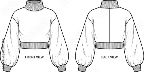 Women’s cropped sweater fashion technical illustration with balloon sleeves, ribbed turtleneck collar, ribbed waistband, ribbed cuffs, front and back garment design drawing template for apparel.