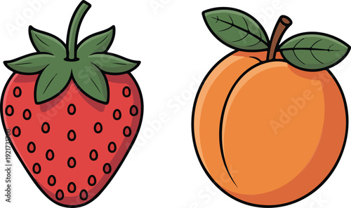 Fresh Strawberry and Apricot Vector Set  Summer Fruits with Green Leaves