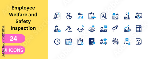 Occupational health and safety management user interface icons. First aid, calculator, calendar, hammer, scale, shield, worker, audit, report, growth