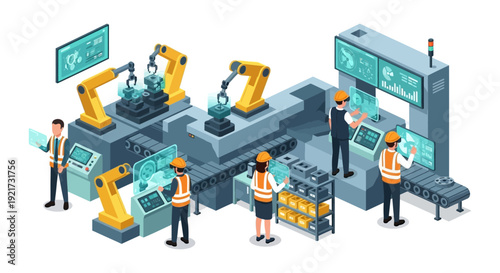 Industry 4.0 Smart Factory Automation with Robotic Arms, Conveyor Belts, and Human Operators Monitoring Digital Production & Data on Control Panels.