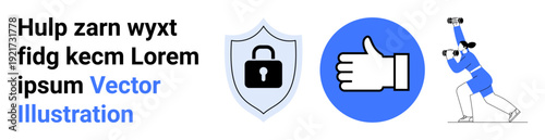 Data security, user authentication, approval process, exploration, observation, decision-making. Lock on shield, thumbs-up icon person with binoculars. Data security and user authentication concepts