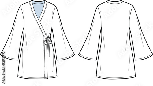 Women’s fashion wrap tunic technical illustration with wide flared sleeves, V-neckline, side bow closure, front and back garment drawing for apparel design template.
