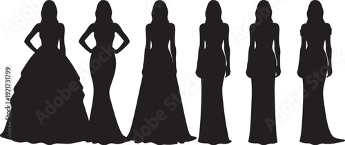 Six black silhouettes of women in various formal dresses on white background also transparent background