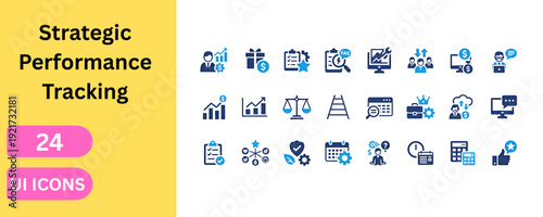 Professional performance management and data tracking user interface icons. Ladder, scale, clock, briefcase, gear, heart, shield, calendar, strategy