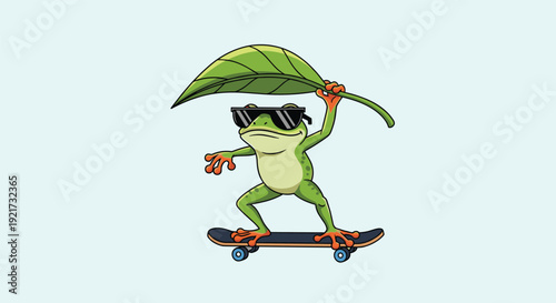 Frog on skateboard wearing sunglasses and holding a leaf
